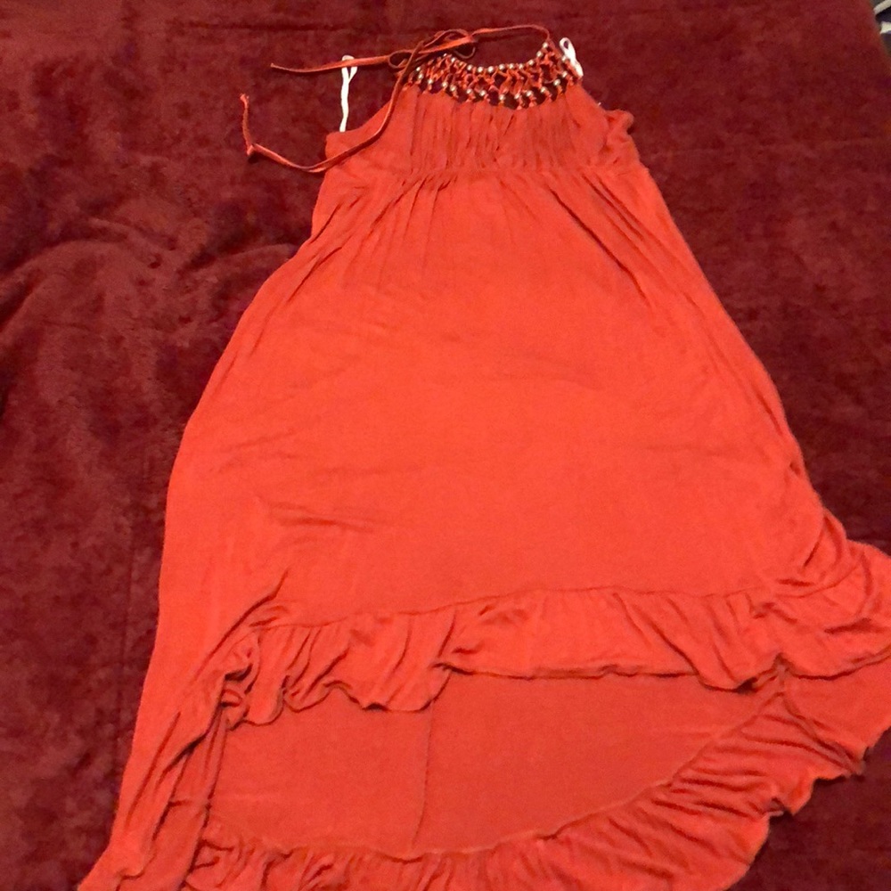 Flirty rust colored Dots halter sun dress.